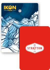Collage of season passes, Ikon Pass creative in the back, and a Stratton pass in front