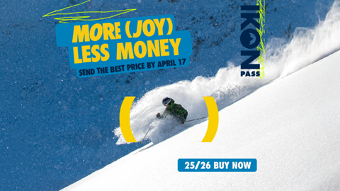 Skier going through fresh powder, with parenthesis creative overlayed around them. Copy reads: More (Joy) Less Money. Send the best price by April 17. 25/26 Buy Now