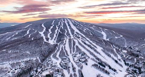Aerial view of Stratton Mountain Resort in Vermont at sunrise 
