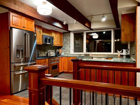 74 North Brookwood Rd Private Home Rental open concept kitchen with exposed beam