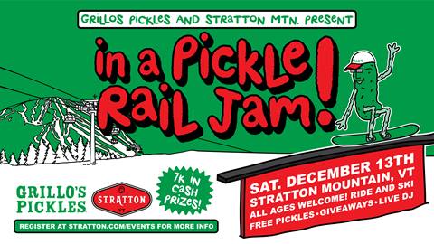Grillos Pickles sponsored rail jam at Stratton event poster