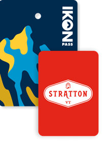 Collage of season passes, Ikon Pass creative in the back, and a Stratton Mountain Resort pass in front