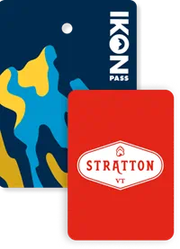 Collage of season passes, Ikon Pass creative in the back, and a Stratton Mountain Resort pass in front